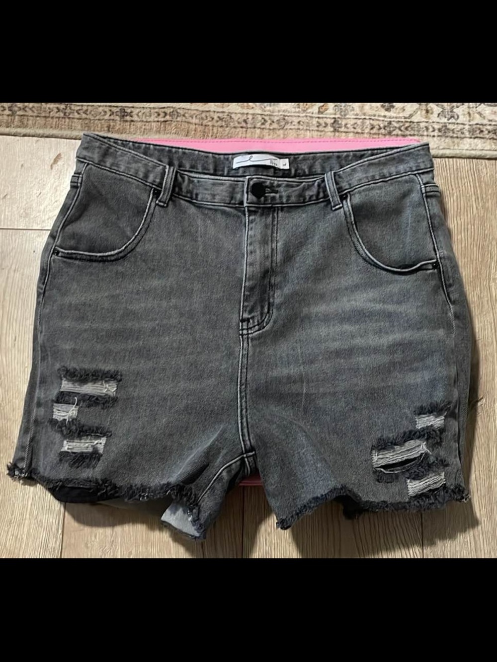 High-Rise Washed Black Distressed Denim Shorts